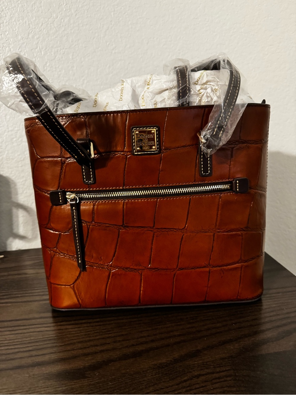 Dooney & Bourke Croc-Embossed Leather Tote - Cognac Brown with Black Trim